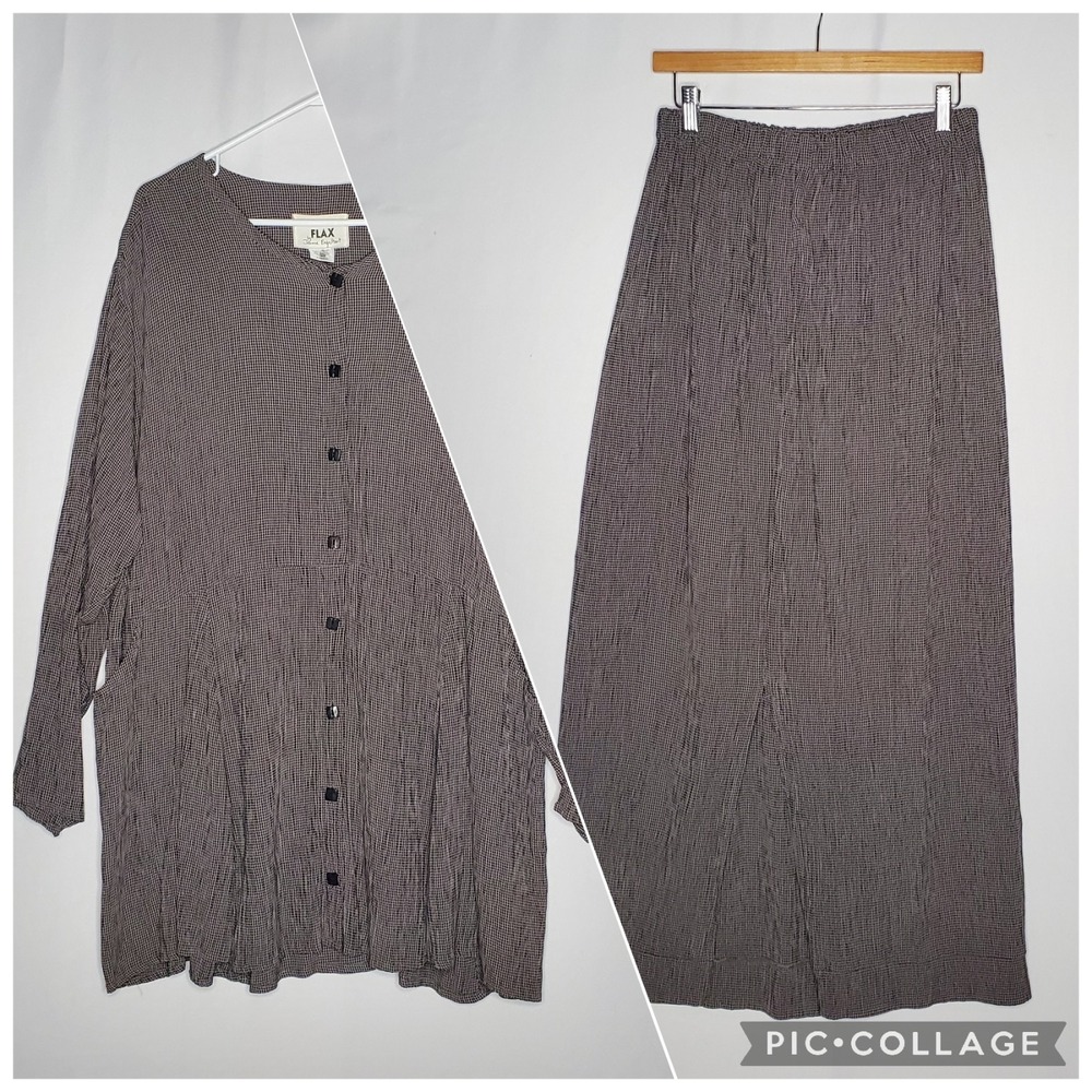 Flax By Jeanne Engelhart Skirt Button Tunic Set Womens Large Gingham Slit Midi